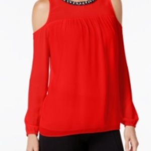 Michael Kors Embellished Red Cold-Shoulder Top